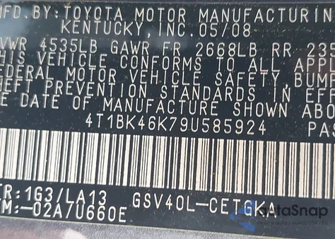 2009 Toyota Camry Xle V6 z USA, uszkodzony, nr VIN 4T1BK46K79U585924